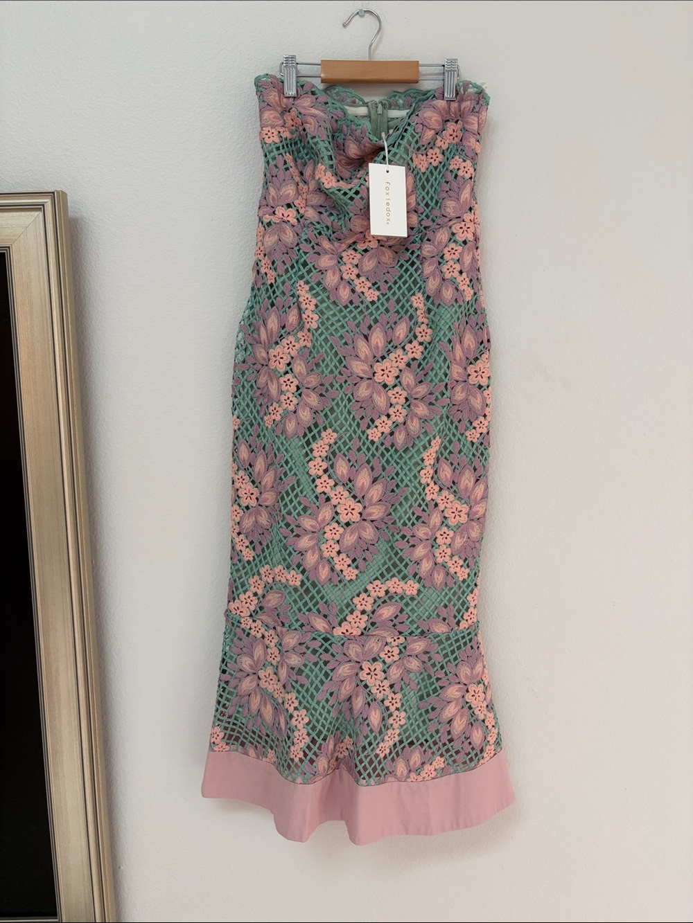 foxiedox Strapless Floral Lace Dress in Mint Green and Blush Pink